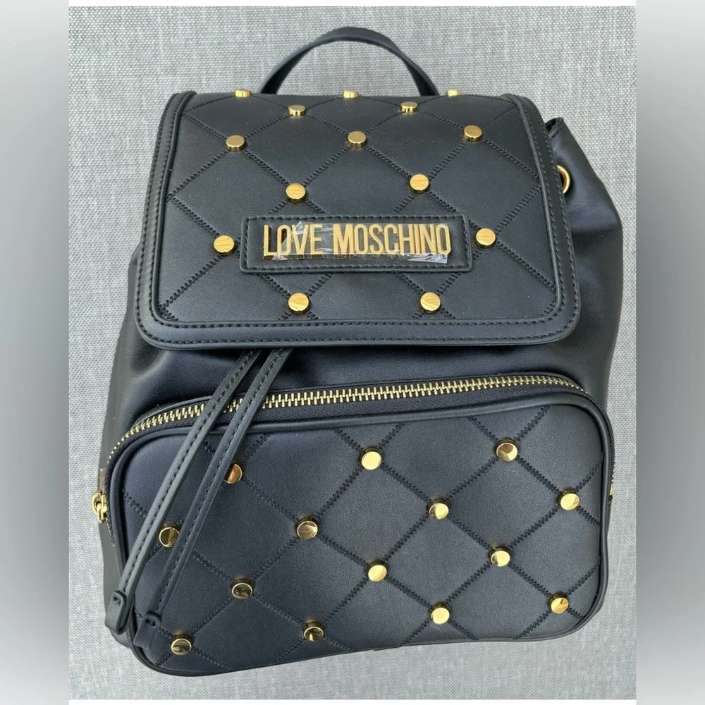 NWOT Love Moschino Black and Gold Leather Quilted Backpack - Picture 3 of 15